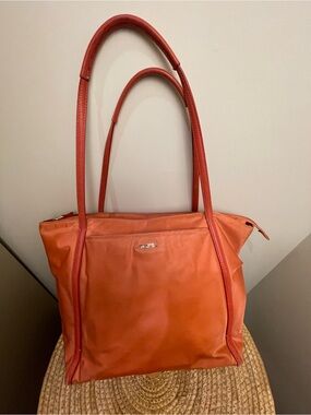 Tumi Orange Leather Tote Bag with Double Shoulder Straps